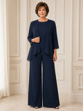 Mother Dark Navy Chiffon Jumpsuit with Jewel Neck Asymmetric Jacket and Wide Leg Pants front view