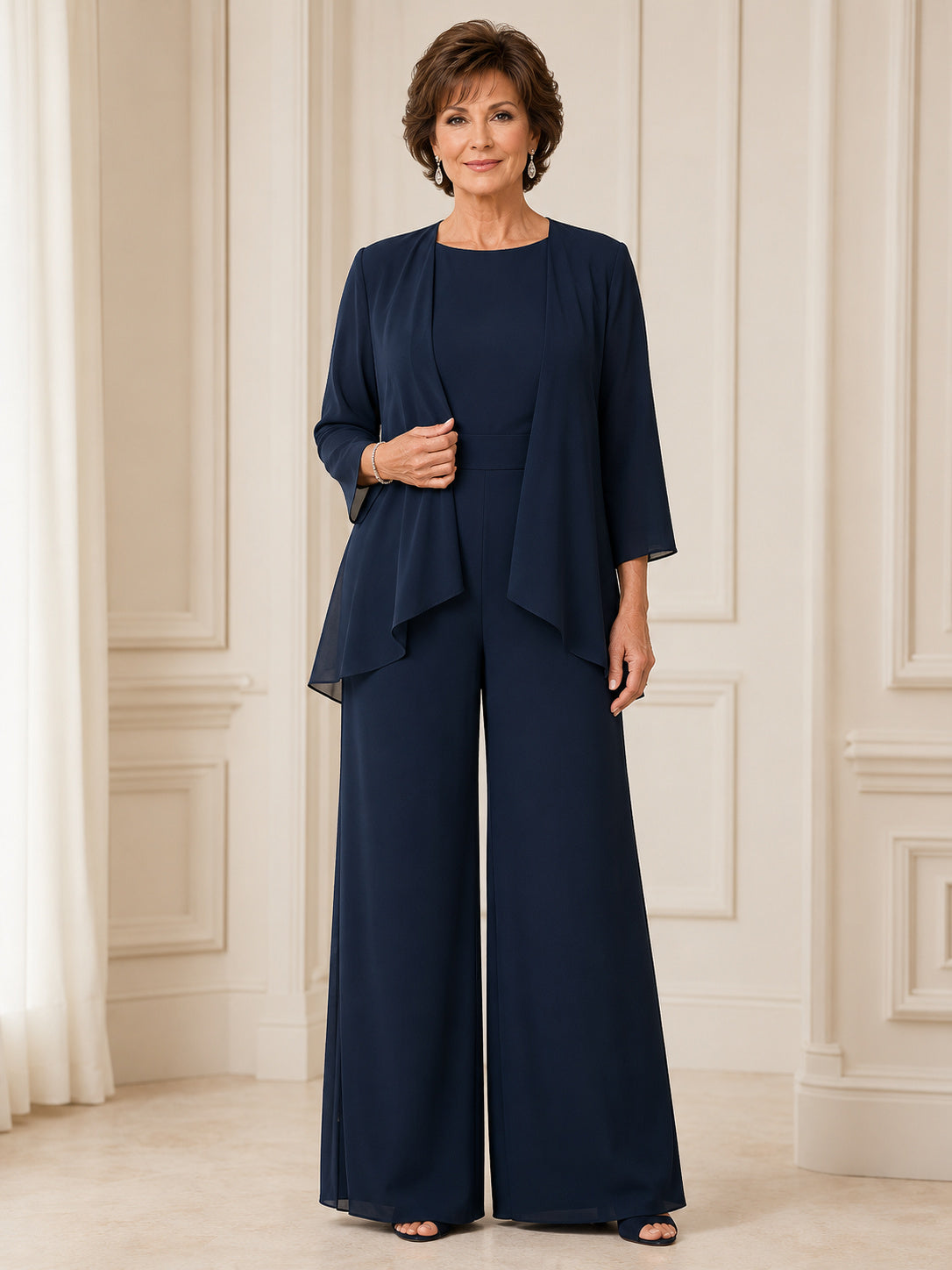 Mother Dark Navy Chiffon Jumpsuit with Jewel Neck Asymmetric Jacket and Wide Leg Pants front view
