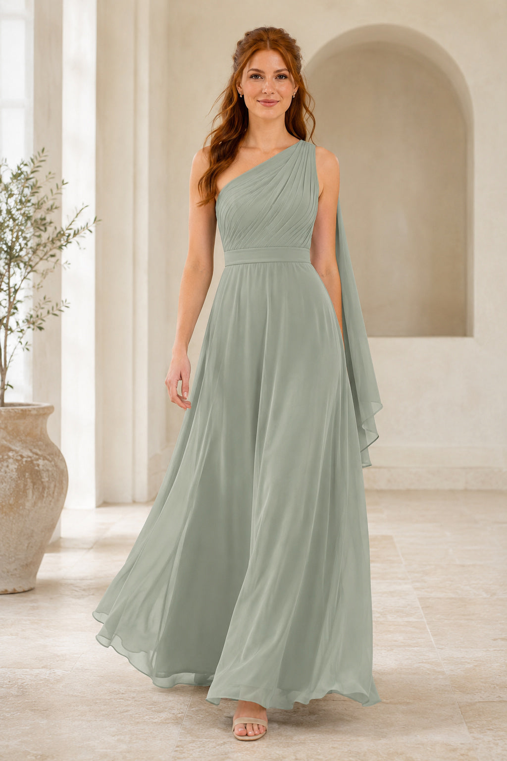 Sage One-Shoulder Chiffon A-Line Bridesmaid Dress with Draped Shoulder and Flowing Skirt front view