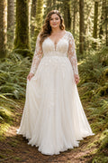Ivory Plus Size V-Neck Long Sleeve Lace A-Line Wedding Dress with Woodland Boho Train front view