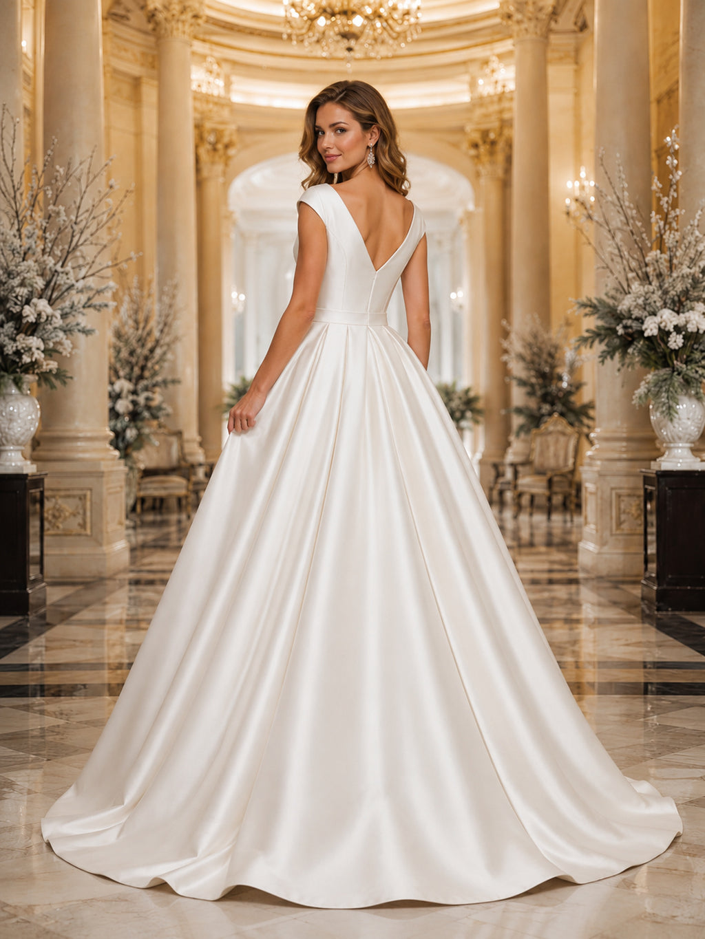 Winter V-Neck Cap Sleeve Satin Ball Gown Wedding Dress back view