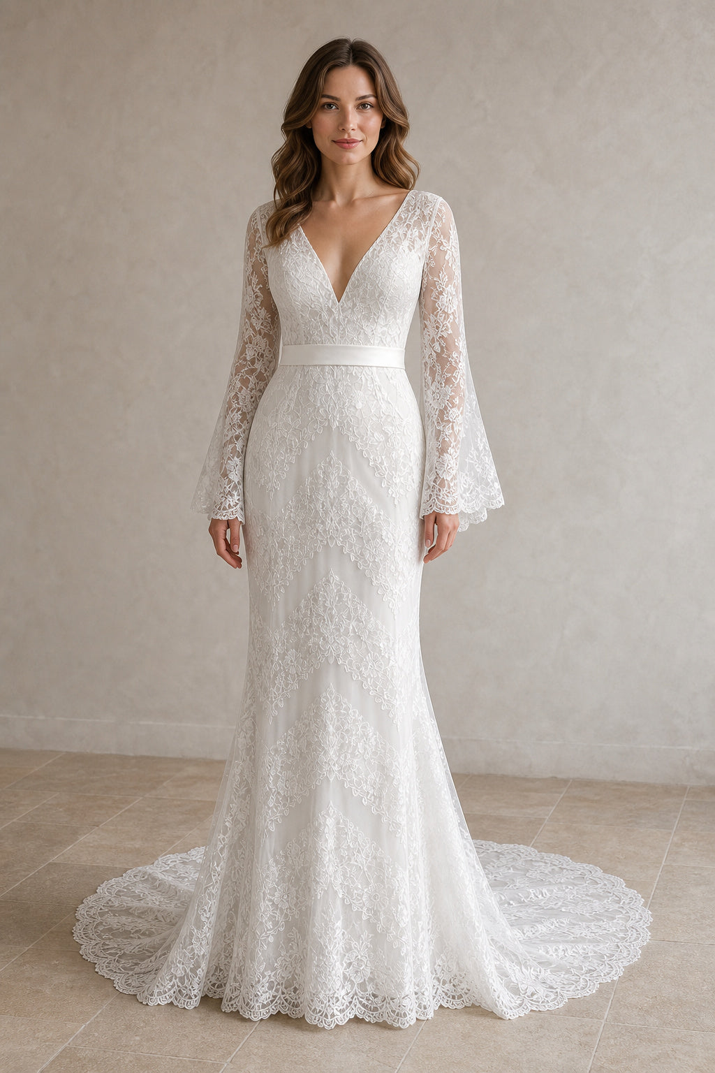 Ivory Illusion A-Line Satin Floor-length Wedding Dress With Floral Appliques and Front Slit Lace Hem Detail