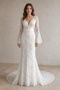 Ivory Illusion A-Line Satin Floor-length Wedding Dress With Floral Appliques and Front Slit Lace Hem Detail