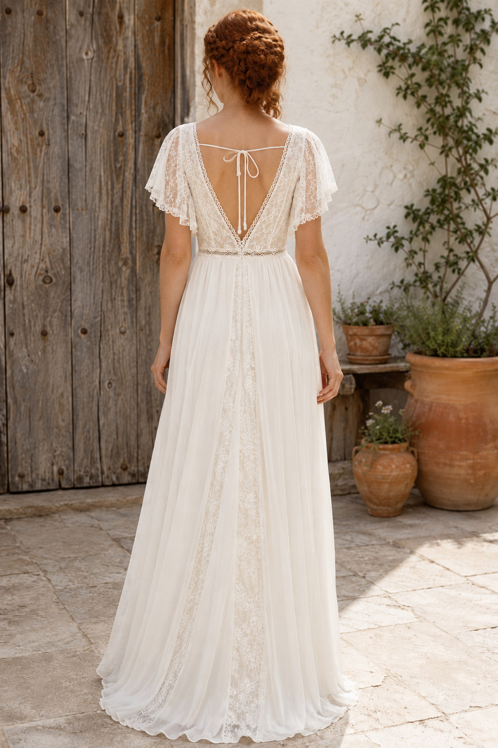 Flutter Sleeve V-Neck A-Line Wedding Dress with Lace Bodice and Flowing Chiffon Skirt back view
