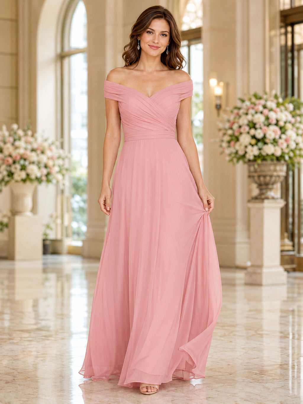 Pearl Pink Off Shoulder Ruched Chiffon Floor Length A Line Bridesmaid Dress front view