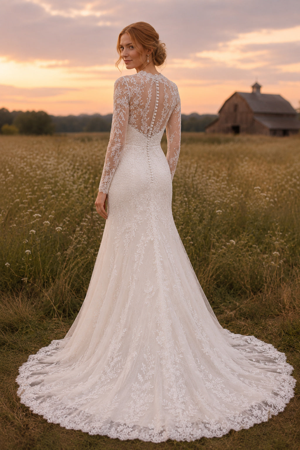 High Neck Long Sleeve Mermaid Wedding Dress with Allover Lace and Sweep Train for Rustic Garden Ceremony Style MG_700662 back