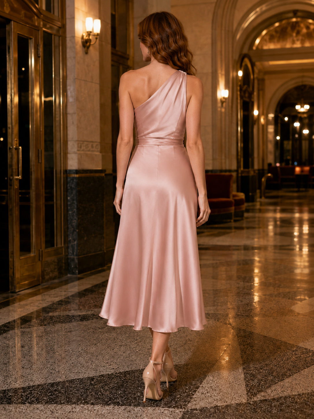 Blush One Shoulder Draped Satin Ballet Night Midi Dress back view
