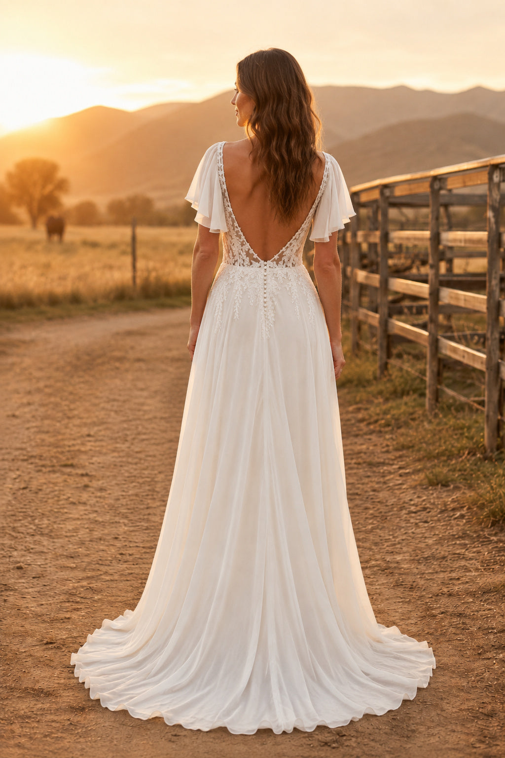 Flutter Sleeve V-Neck A-Line Wedding Dress with Lace Bodice and Chiffon Skirt for Rustic Garden Ceremony back view