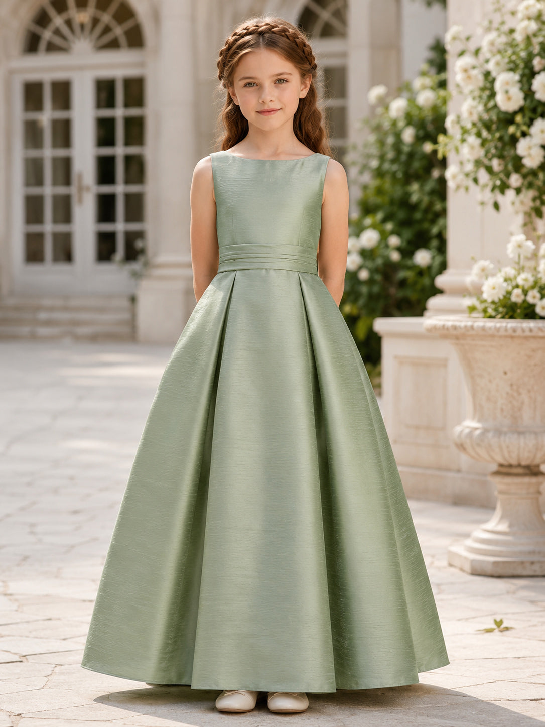 Sleeveless Sage Satin A-Line Flower Girl Dress with jewel Neckline and Floor length Skirt with Bow Detail front view