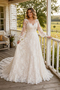 Ivory Plus Size V-Neck Long Sleeve Lace A-Line Wedding Dress with Dense Applique Train front view