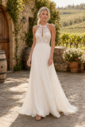 Halter High Neck A-Line Wedding Dress with Lace Bodice and Flowing Chiffon Train front view