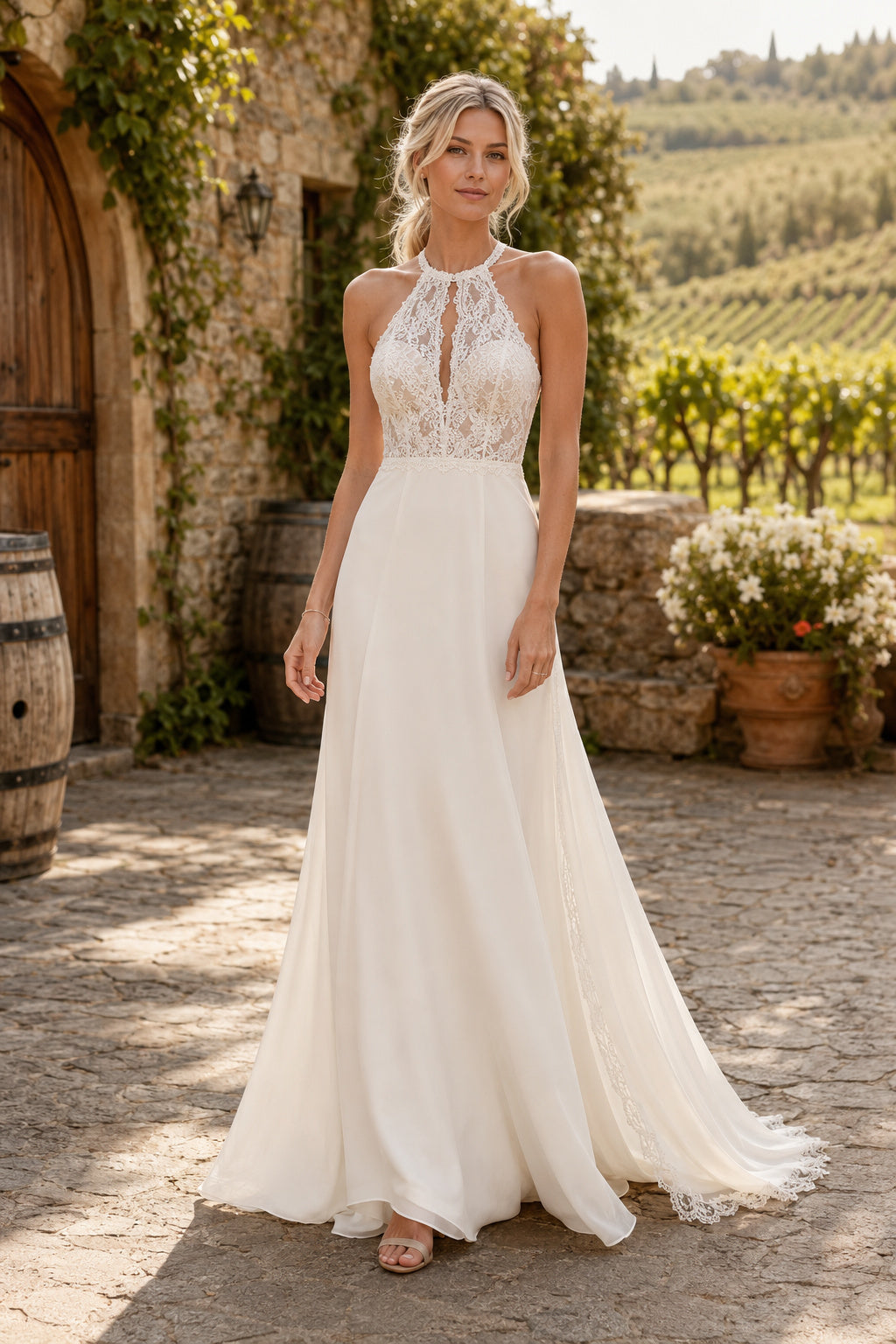Halter High Neck A-Line Wedding Dress with Lace Bodice and Flowing Chiffon Train front view