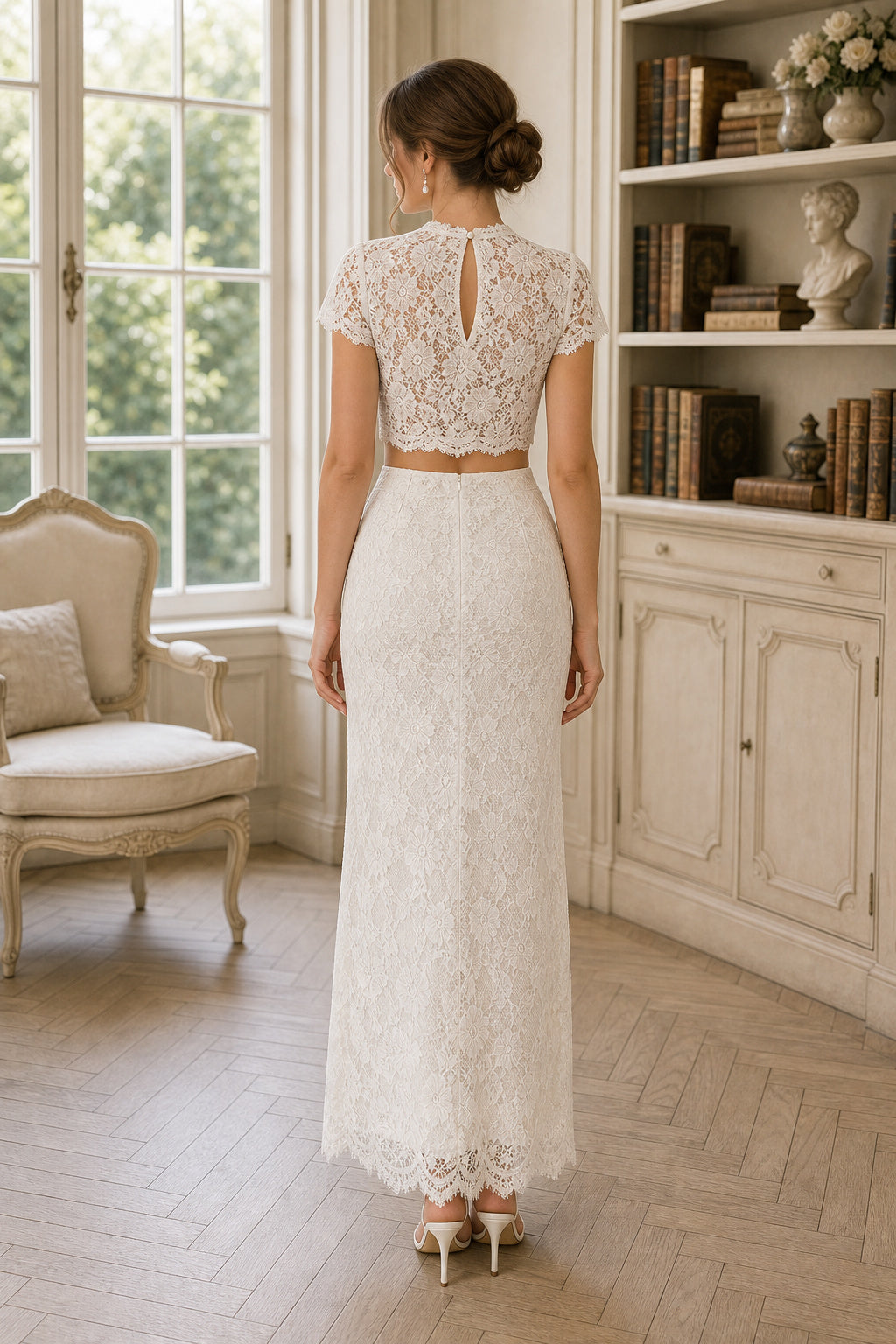 White Jewel Short Sleeves Two-Piece Lace Floor-length Wedding Dress With Lace and Two-Piece