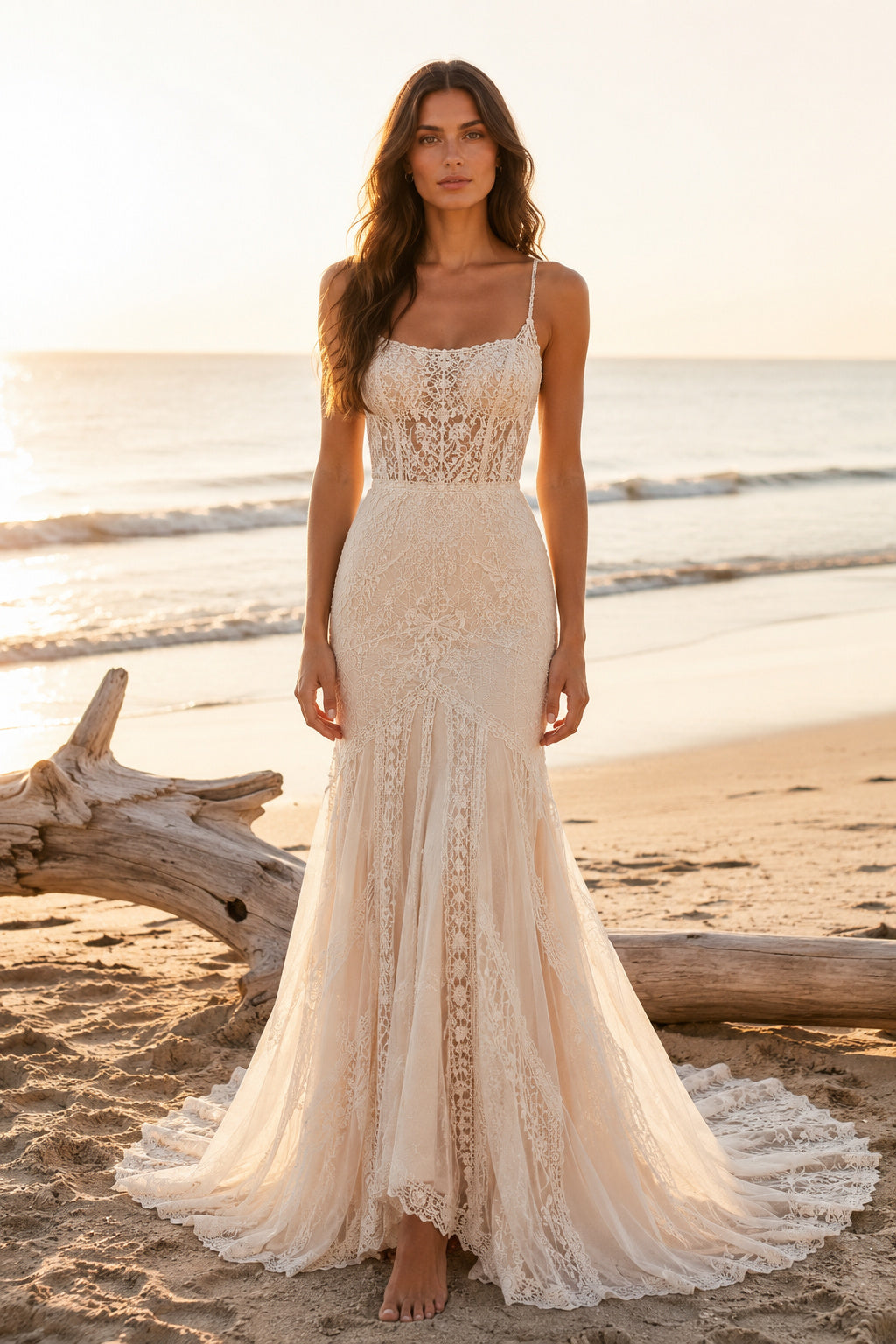 Ivory Spaghetti Strap Lace Mermaid Wedding Dress Low V Back for Bridal Ceremony and Reception front view