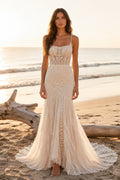 Ivory Spaghetti Strap Lace Mermaid Wedding Dress Low V Back for Bridal Ceremony and Reception front view