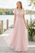 Blush Flutter Sleeve V-Neck Tulle A-Line Bridesmaid Dress with Soft Pleats front view
