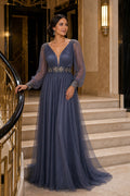 Slate Blue V-neck Long Sleeve A-Line Tulle Floor-Length Dress With Beaded Waist