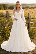 Long Sleeve V-Neck A-Line Wedding Dress with Lace Bodice and Chiffon Train for Beach Garden Ceremony front view