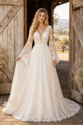 Long Sleeve Lace A-Line Wedding Dress with Plunging V-Neck and Chapel Style Train front view