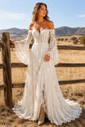 Off the Shoulder A-Line Wedding Dress with Lace Bell Sleeves and Front Split Train front view