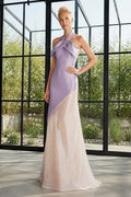 Lavender and Ivory Halter Sheath Evening Dress with Color Block Skirt front view