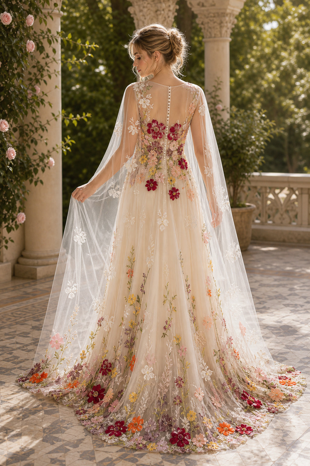 Ivory and Floral Illusion A-Line Tulle Floor-length Formal Dress With Floral Embroidery and Appliques