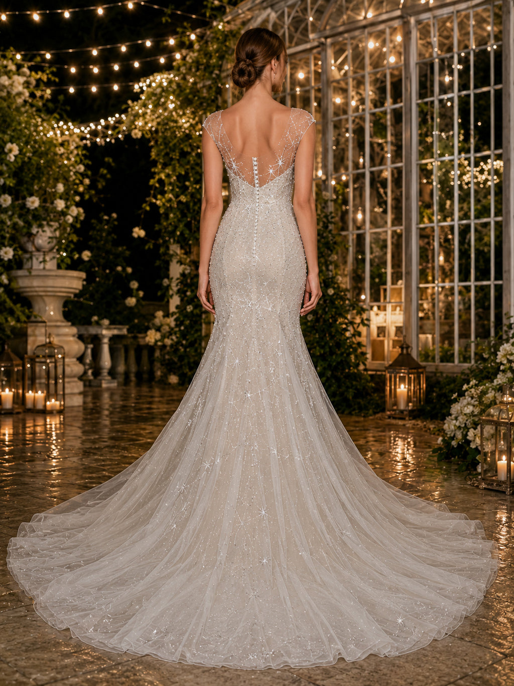Strapless Celestial Mermaid Glitter Garden Train Bridal Gown back view