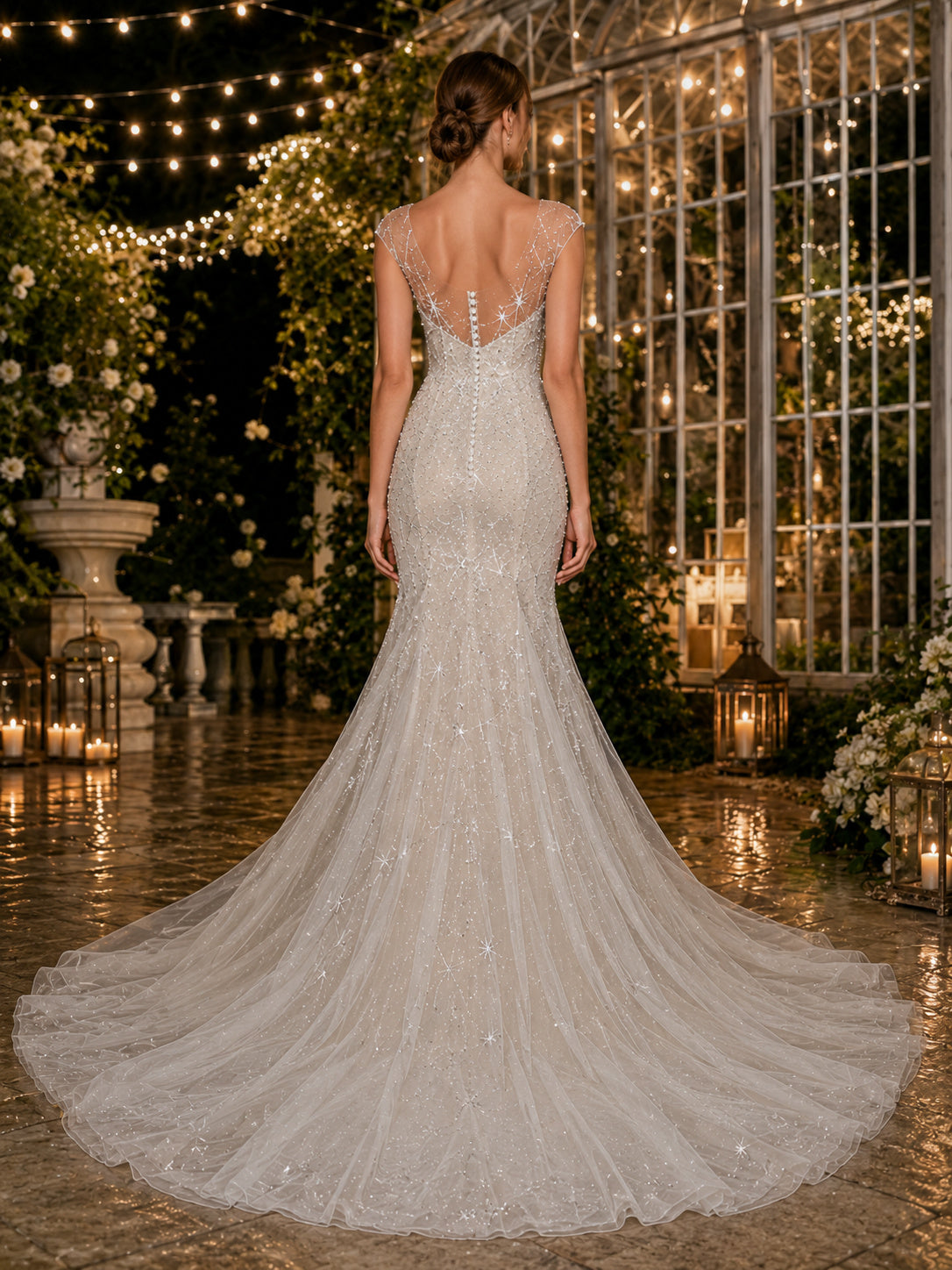Strapless Celestial Mermaid Glitter Garden Train Bridal Gown back view