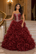 Burgundy Strapless Sweetheart Ball Gown Tulle Floor-Length Dress With Ruffle Skirt