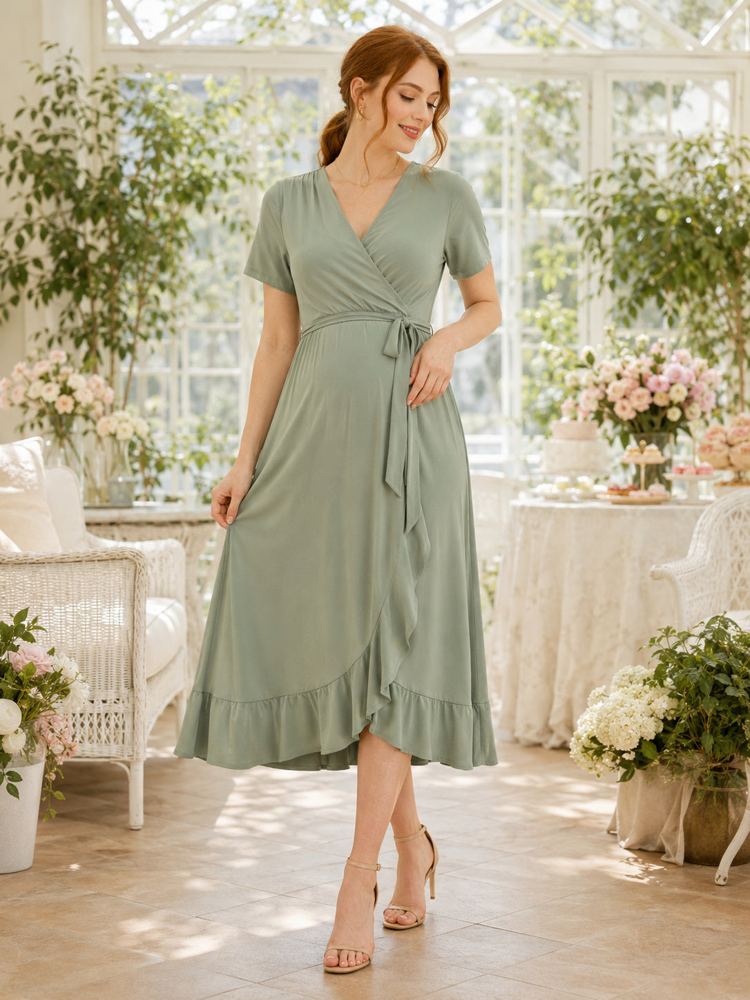 Sage Green Wrap Ruffle Hem Nursing Friendly Midi Dress front view