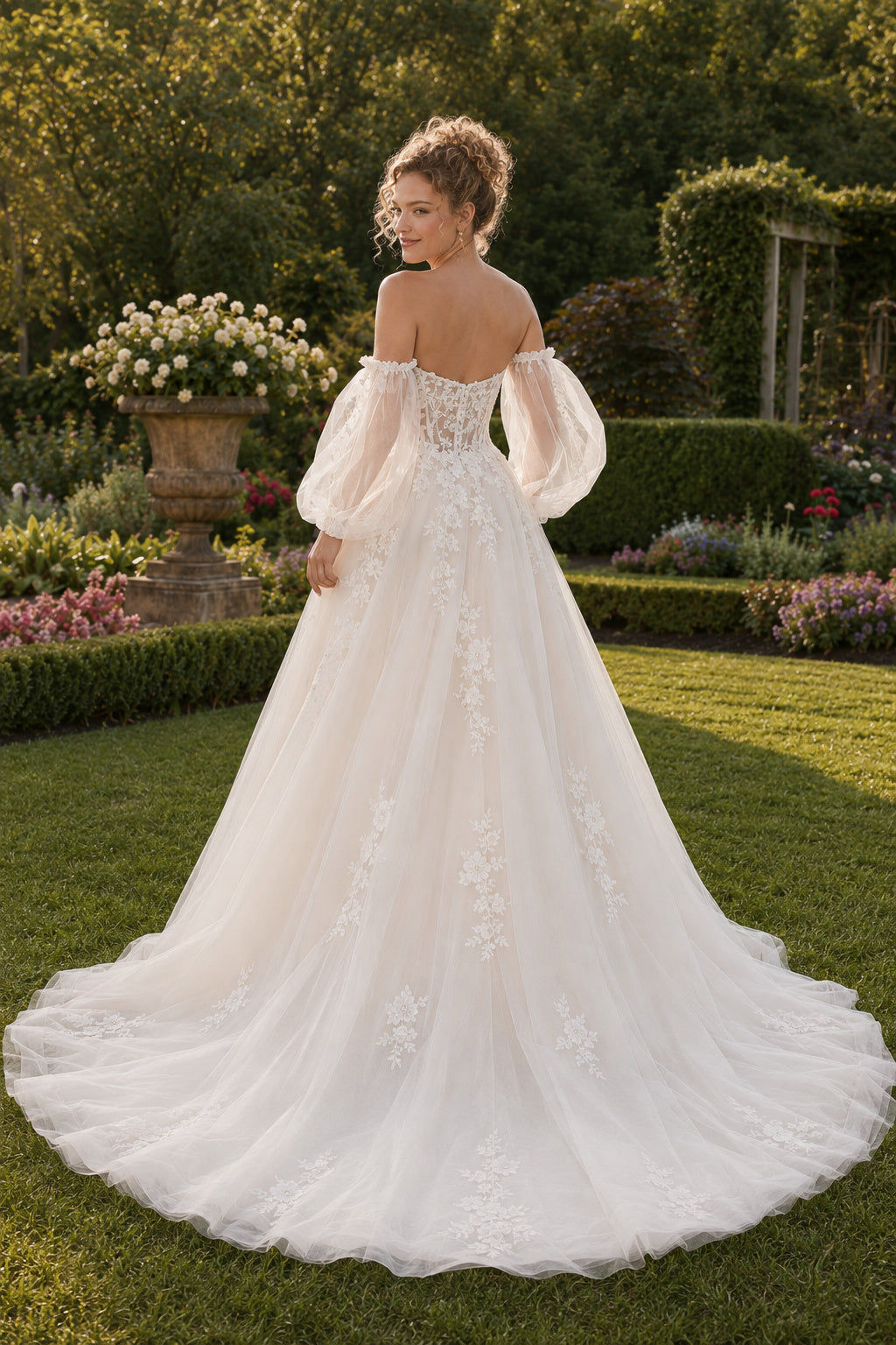Wedding A-Line Tulle Dress with Off-Shoulder Puff Sleeves and Lace Bodice back view