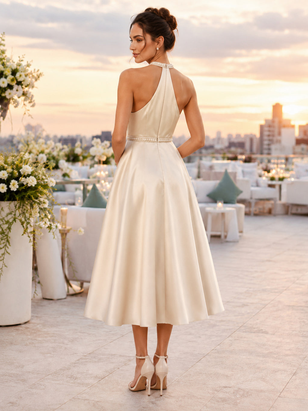 Halter Neck Satin Tea Length Bridal Dress Natural Waist back view