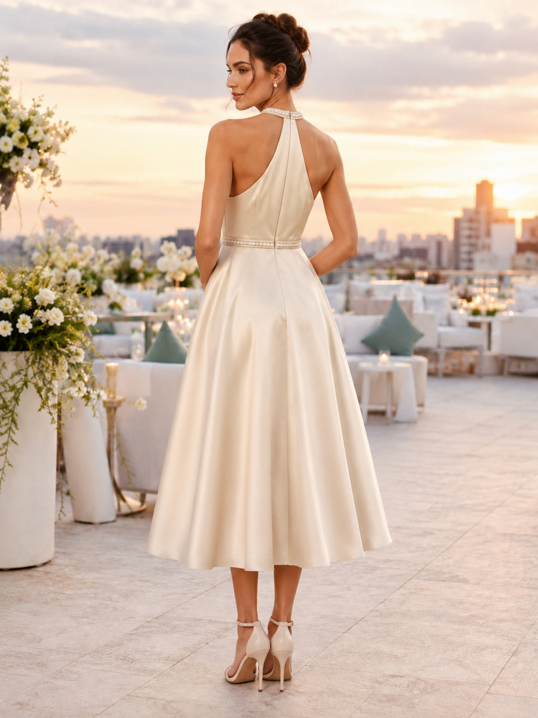Halter Neck Satin Tea Length Bridal Dress Natural Waist back view