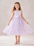 Lavender Tulle A-Line Flower Girl Dress with Sleeveless, Jewel Neck, Tea-Length Skirt, Bow Detail Style 403640 front view