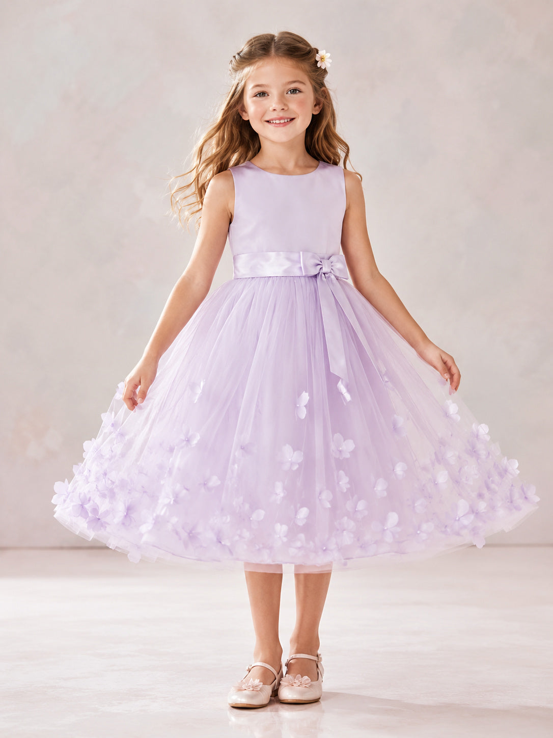 Lavender Tulle A-Line Flower Girl Dress with Sleeveless, Jewel Neck, Tea-Length Skirt, Bow Detail Style 403640 front view