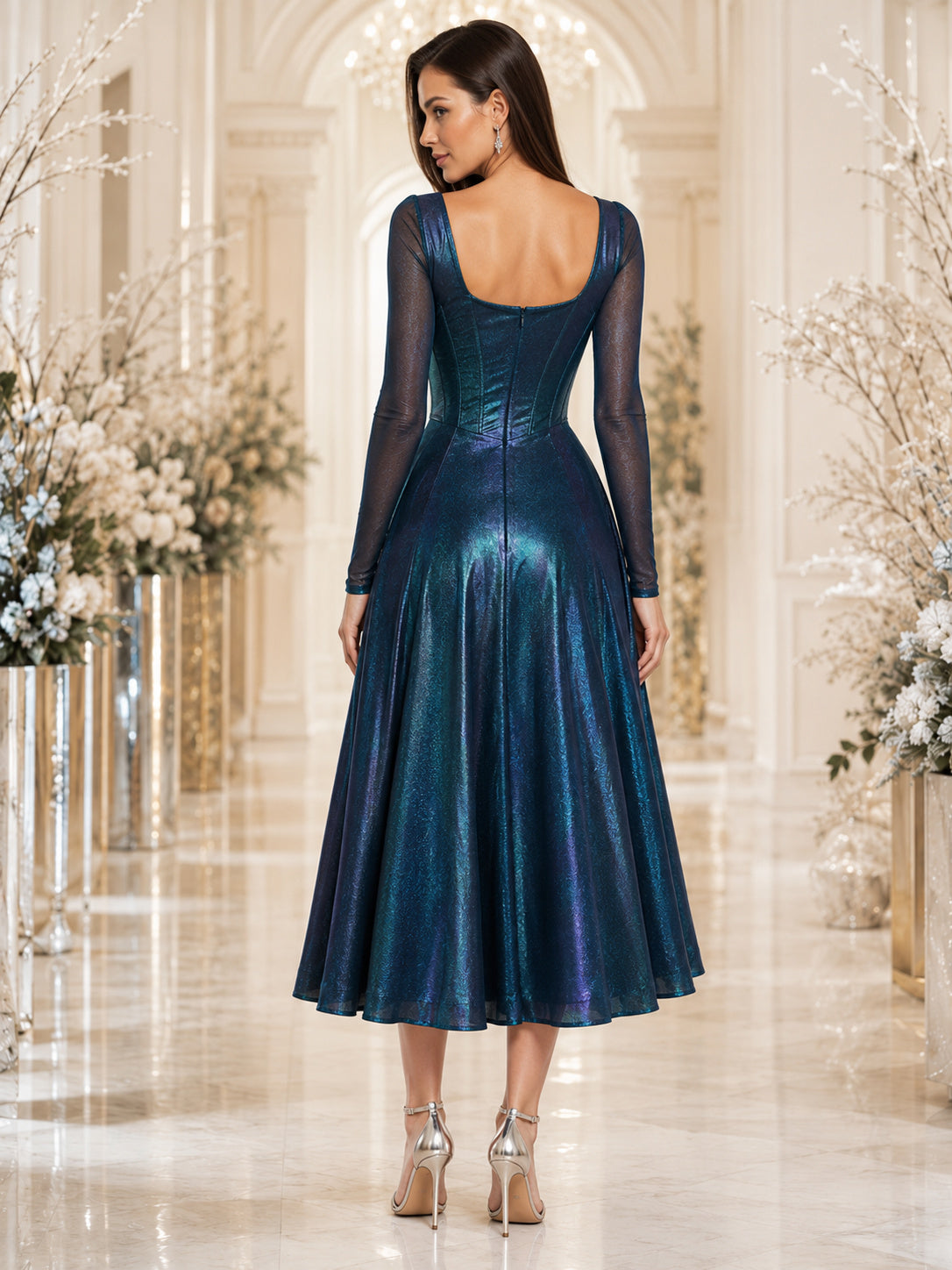 Peacock Square Neck Iridescent Long Sleeve A Line Midi Guest Dress back view