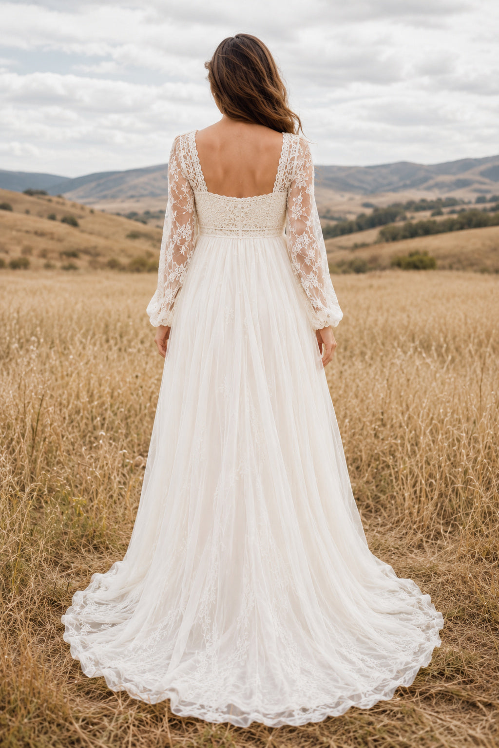 Ivory Maternity Square Neck Long Sleeve Chiffon A-Line Wedding Dress with Lace Bodice back view