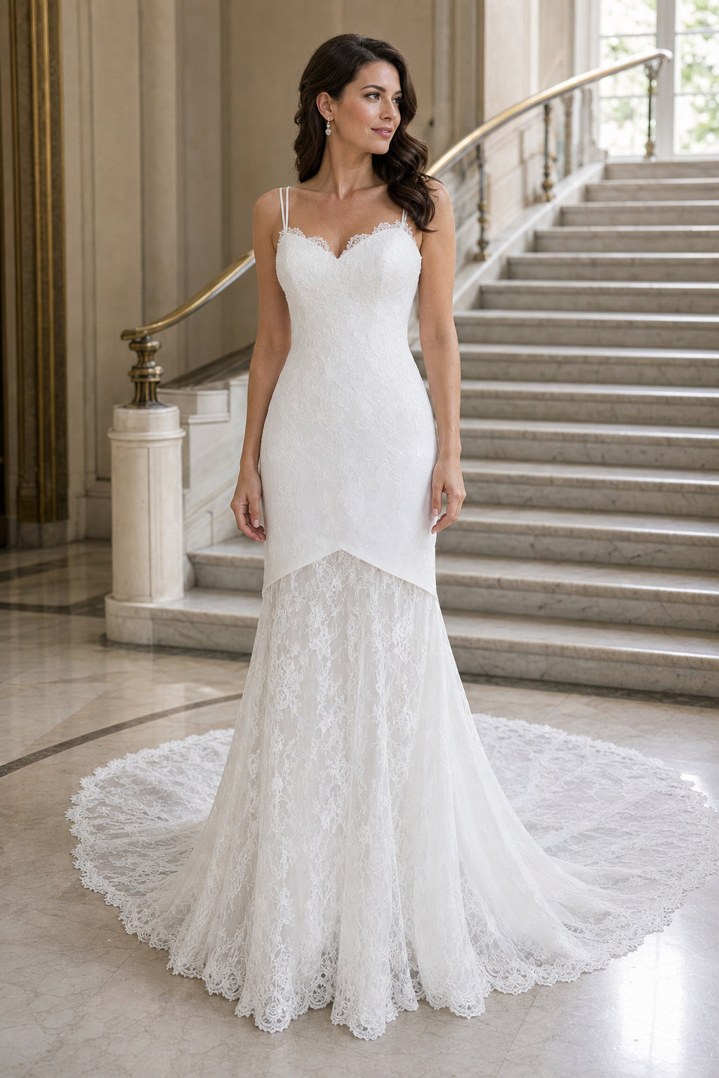 White Sweetheart Mermaid Satin, Lace Floor-length Wedding Dress With Lace and Train and Open Back