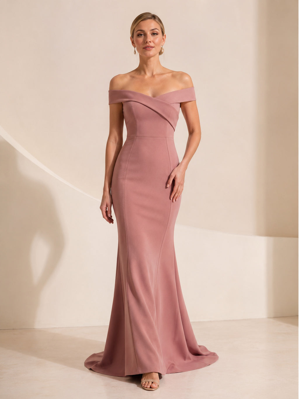 Dusty Rose Off Shoulder Crepe Sheath Formal Dress front view