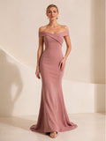 Dusty Rose Off Shoulder Crepe Sheath Formal Dress front view