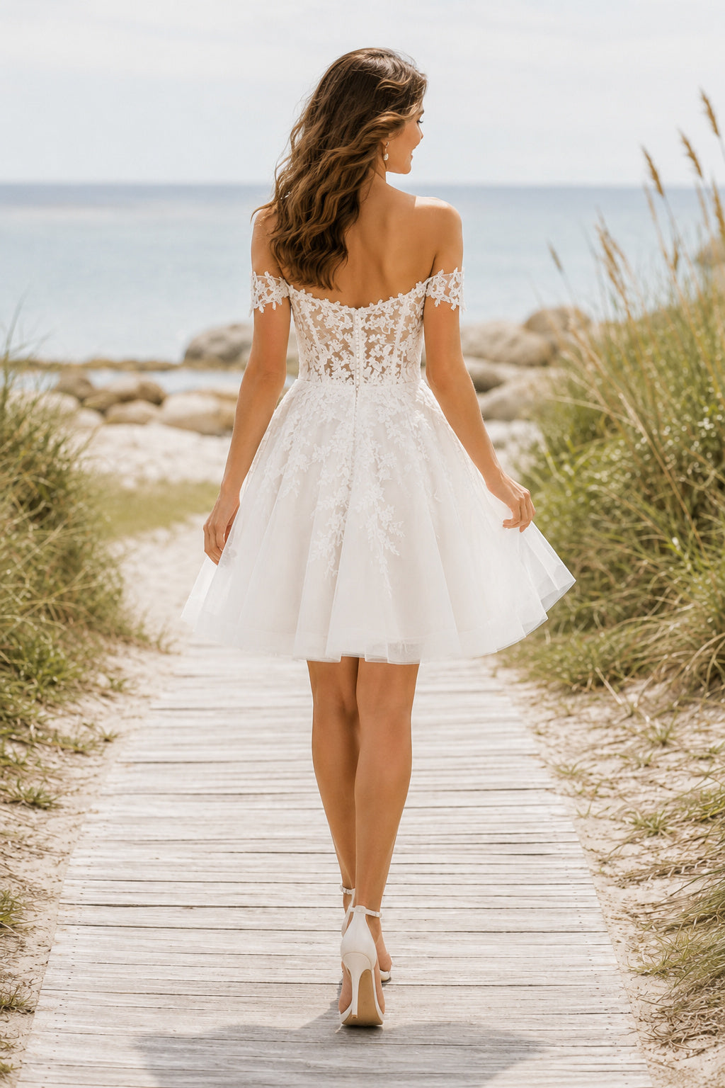 Off Shoulder Lace Mini Beach Wedding Dress back view