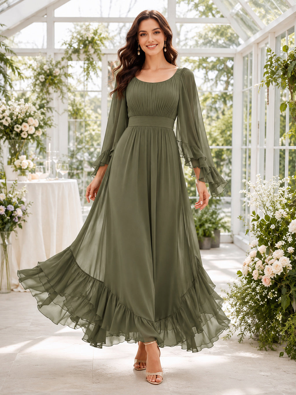 Sage Scoop Neck Ruffle Chiffon Long Sleeve Guest Dress front view