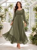 Sage Scoop Neck Ruffle Chiffon Long Sleeve Guest Dress front view