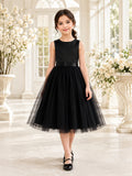 Black Simple A-Line Tulle Flower Girl Dress Sleeveless Jewel Neck Tea-Length front view
