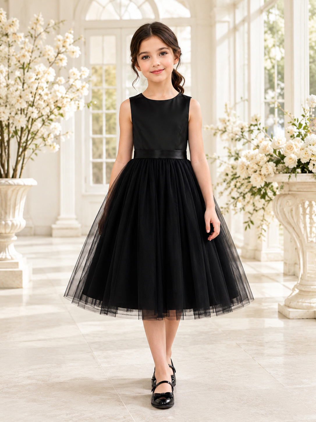 Black Simple A-Line Tulle Flower Girl Dress Sleeveless Jewel Neck Tea-Length front view