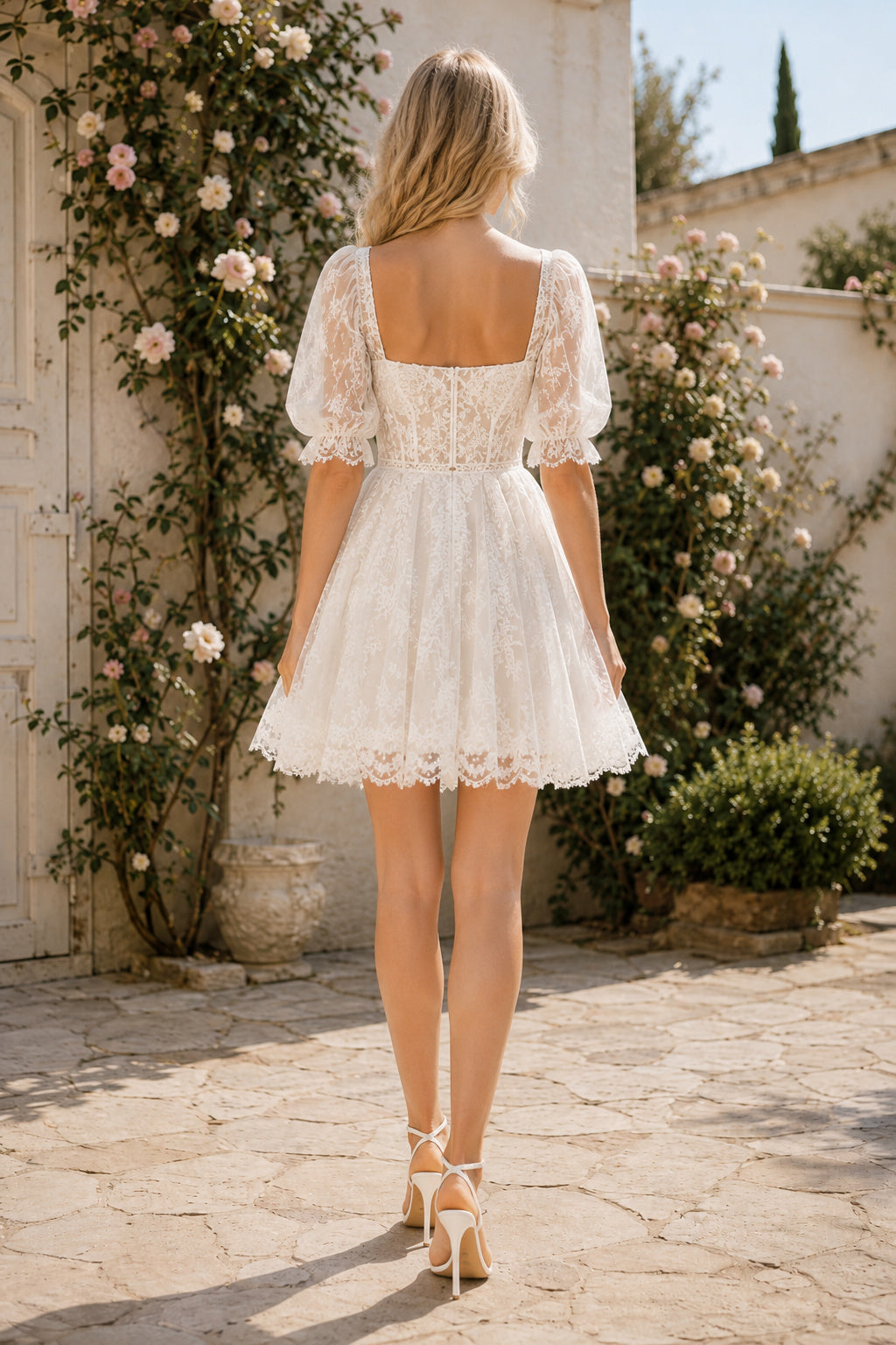 Ivory Square Neck Puff Sleeve Lace Mini Wedding Dress with Scalloped Hem for Garden Reception back view