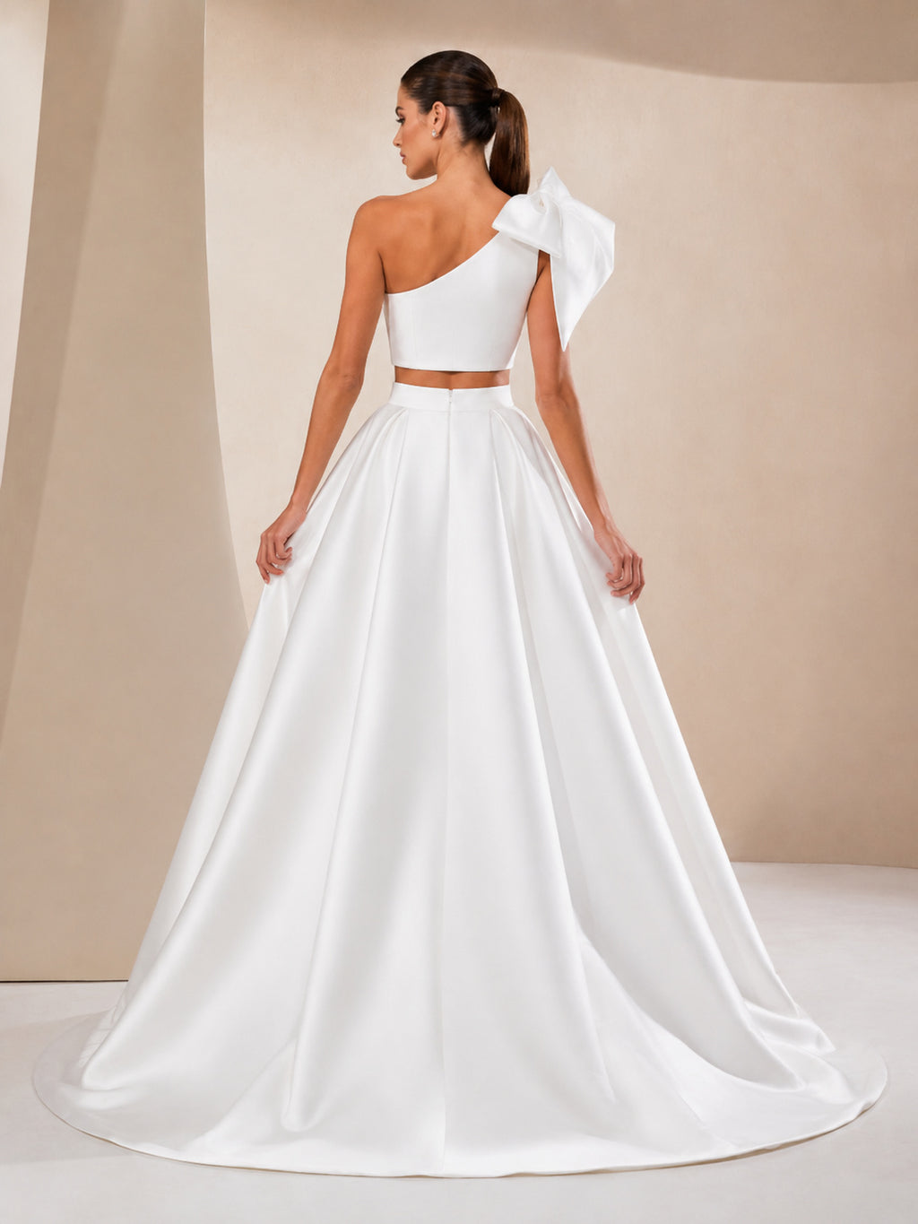 Beach Satin Wedding Dress Ball Gown One Shoulder Sleeveless Sweep Train Bridal Gown back view