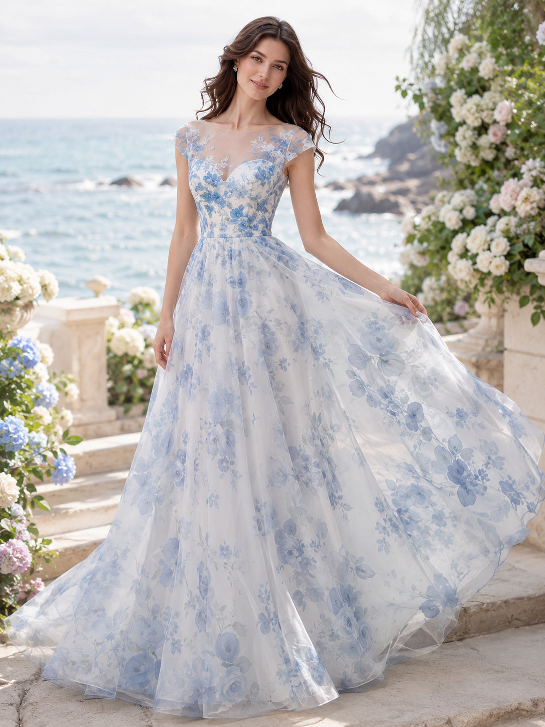 Blue Floral Illusion Cap Sleeve Organza A Line Wedding Dress front view