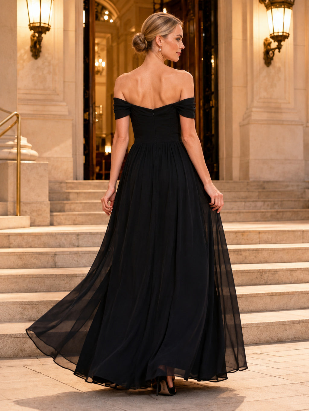 Black Off Shoulder Chiffon A Line Formal Gown With Flowing Skirt back view