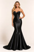 Black Strapless Sweetheart Stretch Satin Mermaid Prom Dress with Corset Bodice and Sweep Train front view